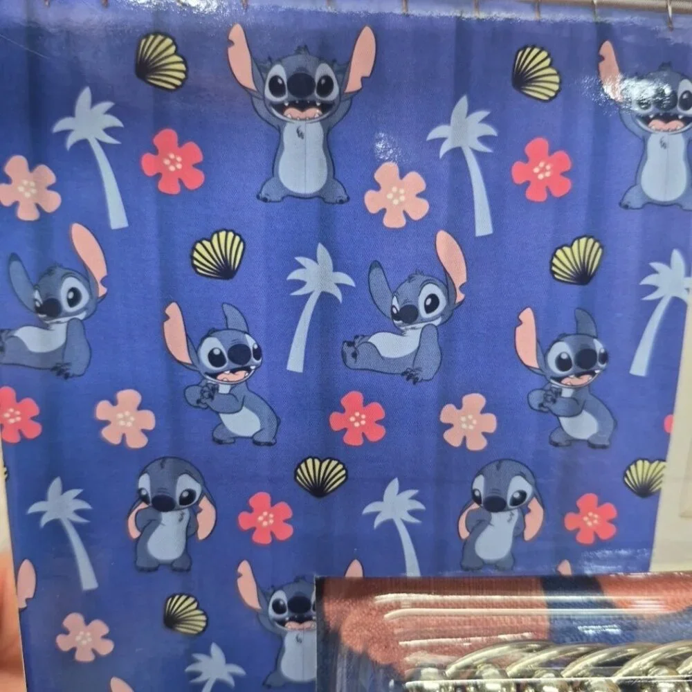 Disney Stitch Shower Curtain Set 72 In‎ X 72 In - 12 Metal Roller Hooks, New